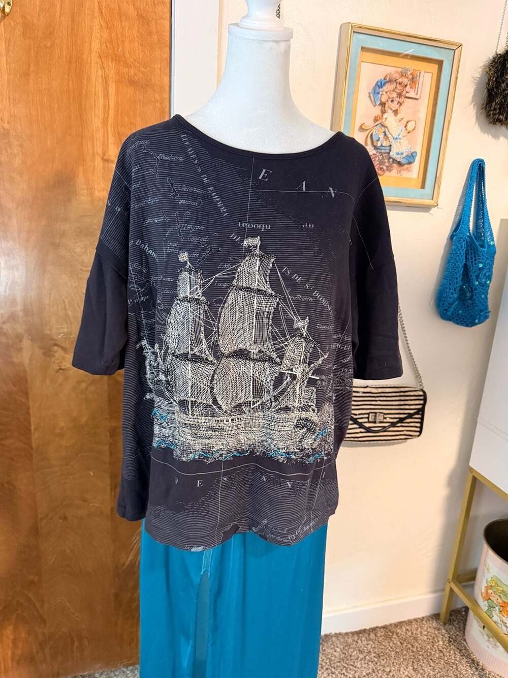 Vintage Chop Suey Nautical Sailing Ship Map Graphic Oversized T-Shirt